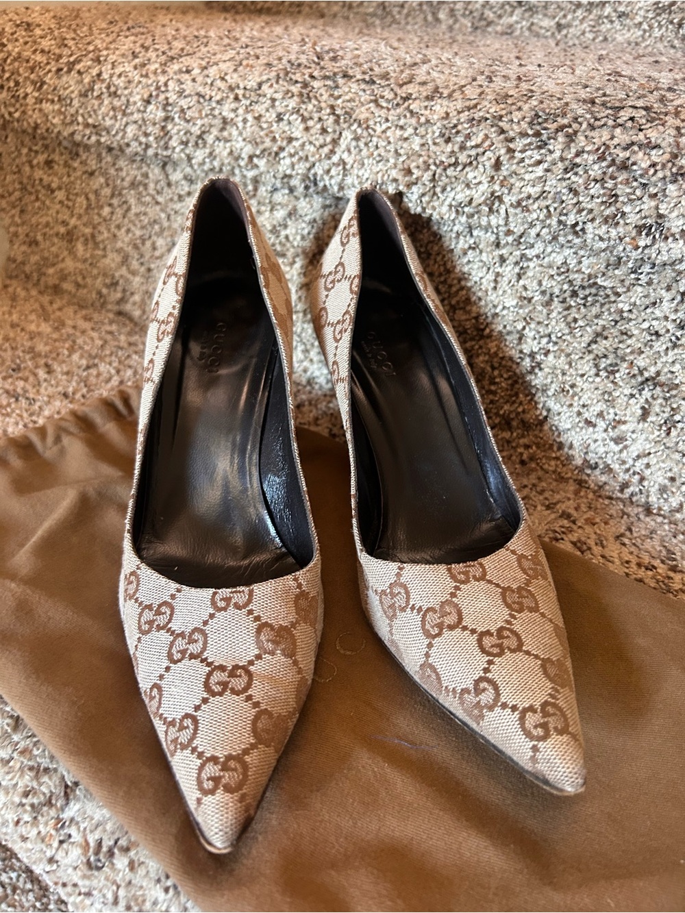 Gucci Beige/Brown GG Monogram Pointed-Toe Pumps